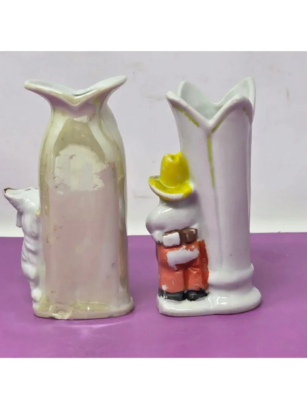 Vintage Hand-Painted Ceramic Bud‎ Vases With Boy & Dog Designs Tall Set Of 2